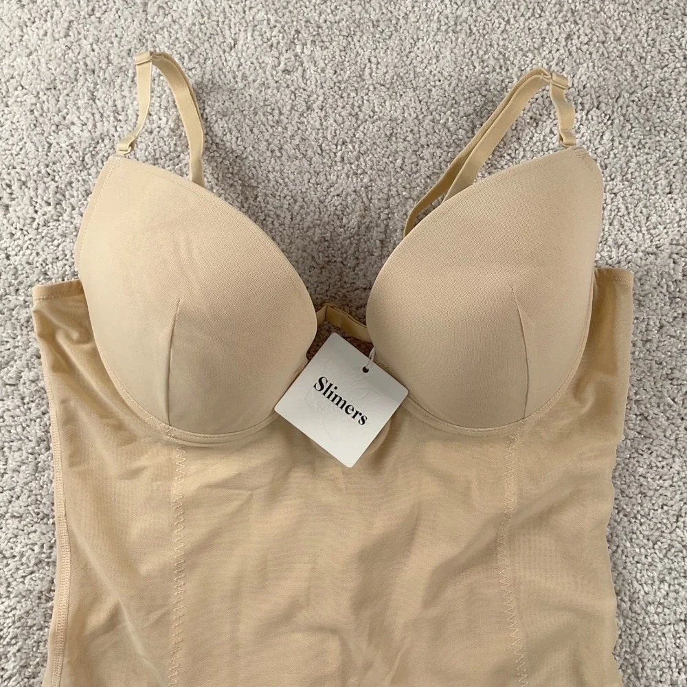 Slimers Nude U Plunge Neckline Full Body Shapewear Bodysuit MidThigh Slimmer NEW
